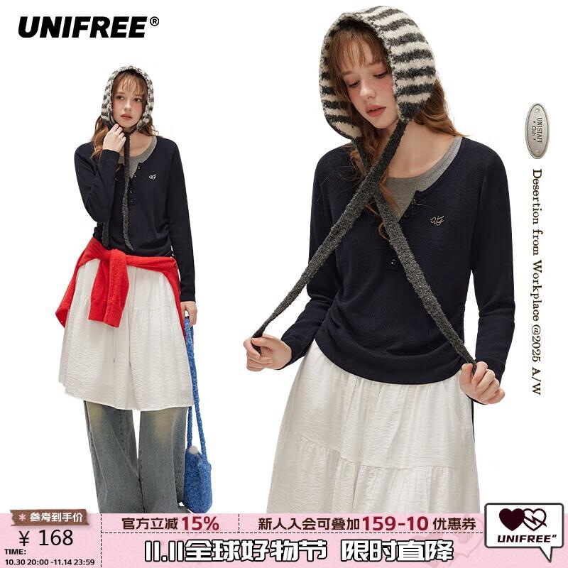 unifree American Retro Faux Two-Piece Color Block Pullover Knitted Sweater