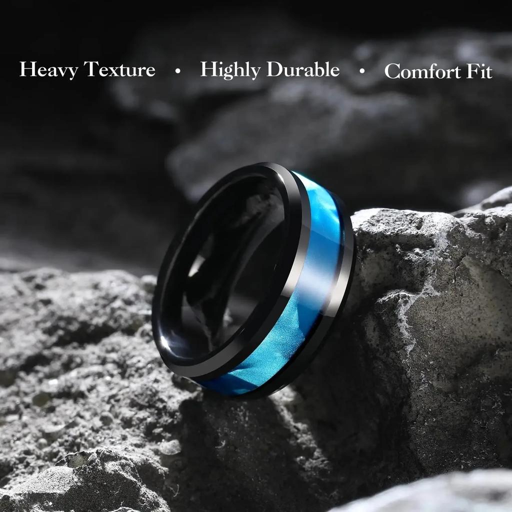 Fashion 8mm Men Black Stainless Steel Rings High Polished Blue Abalone Shell for Men Wedding Party Jewelry Anniversary Gifts