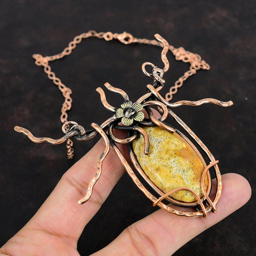 Ожерелье из ископаемого коралла, ожерелье из медной проволоки, регулируемое ожерелье ручной работы, ожерелье из драгоценных камней, ювелирные изделия из медной проволоки, подарки на помолвку