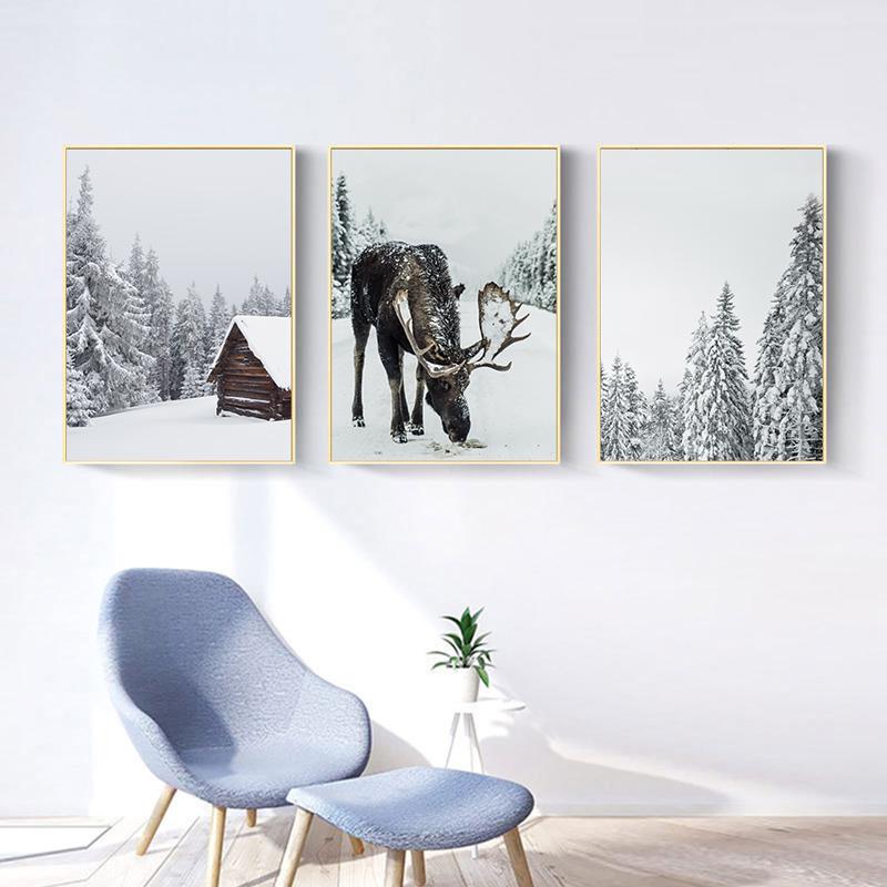 Christmas Posters and Prints Winter Scene Forest Cabin Deer Canvas Painting Nordic Wall Art Print for Home Room Decor No Frame