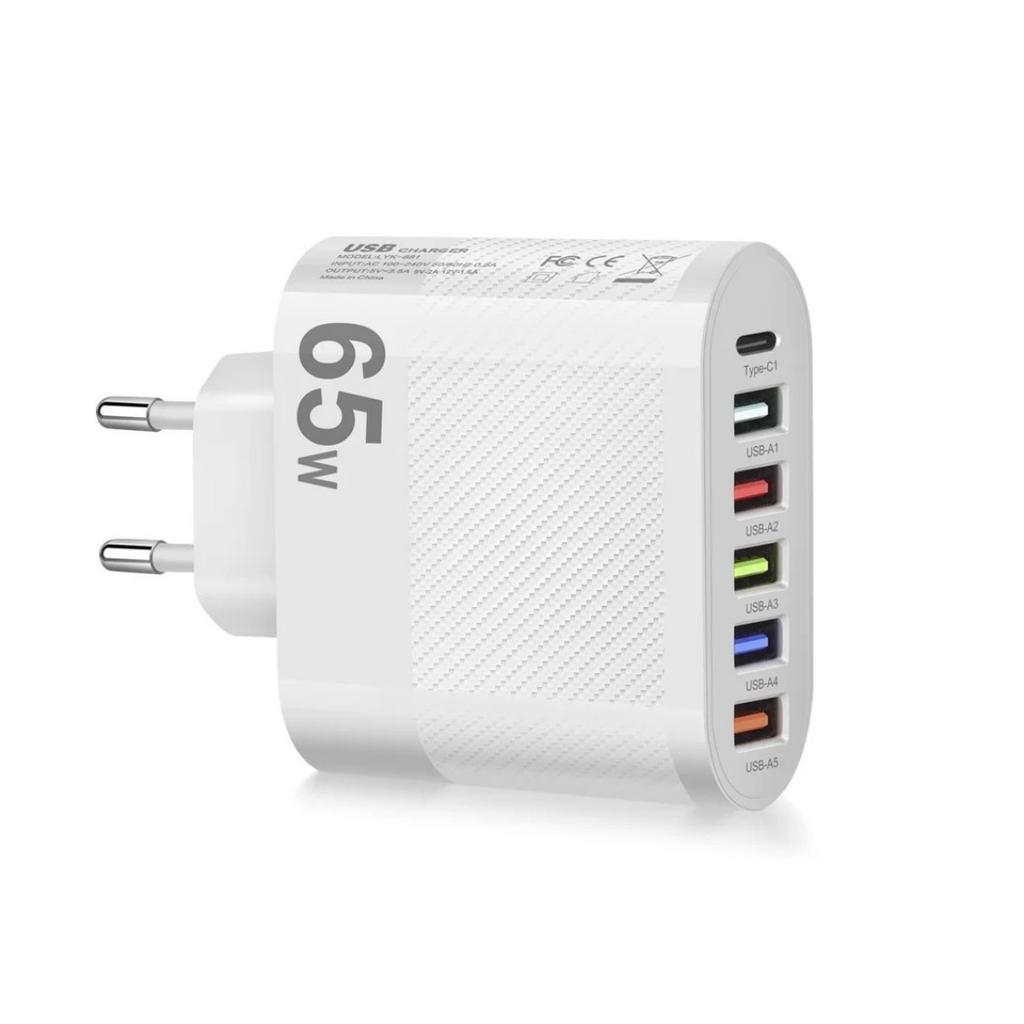 Быстрая настенная зарядка 65 Вт 6 в 1 5 USB 1 Type C для iPhone Samsung Xiaomi Huawei Oppo Адаптер для мобильного телефона