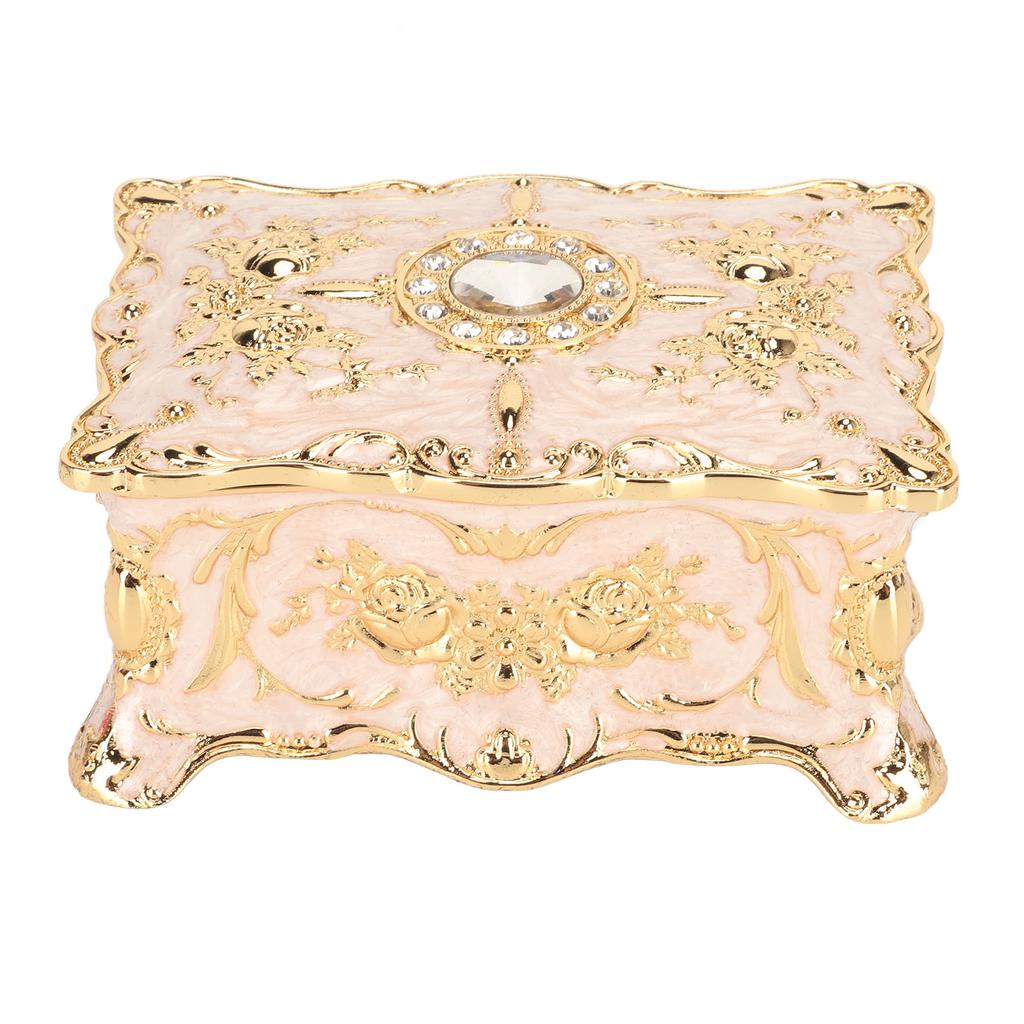 Vintage Rectangular Jewelry Box Retro Metal Antique Enamel Gold Trim Rhinestone Trinket Storage Box