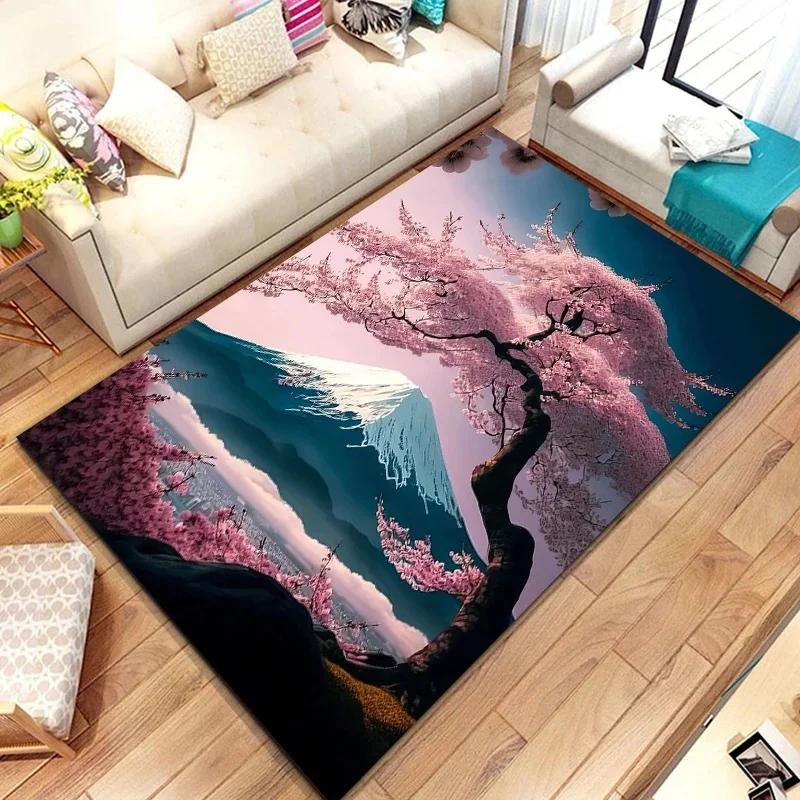 3D Japanese Cherry Blossom Floor Mat with Mount Fuji Design Large Soft Carpet for Kids' Bedroom Stylish Rug for Living Room