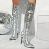 Модные женские сапоги до колена 2024 года, новые осенне-зимние туфли на молнии, роскошные длинные сапоги на каблуке золотого и серебряного цвета, женские, большой размер 45