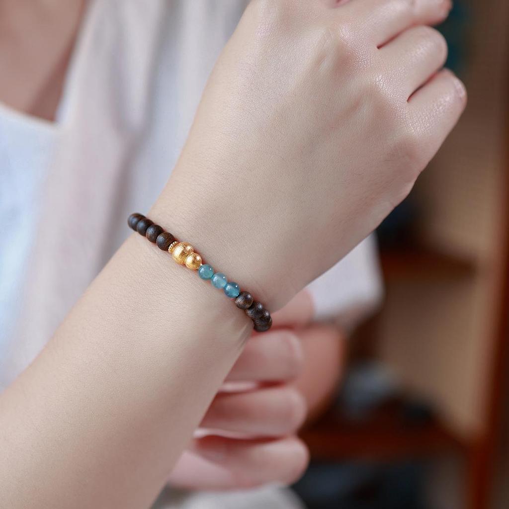 S925 Sterling Silver Wénwán Blue Jade & Agarwood Beaded Bracelet, 5mm, Cultural & Creative Single Loop Jewelry Gift