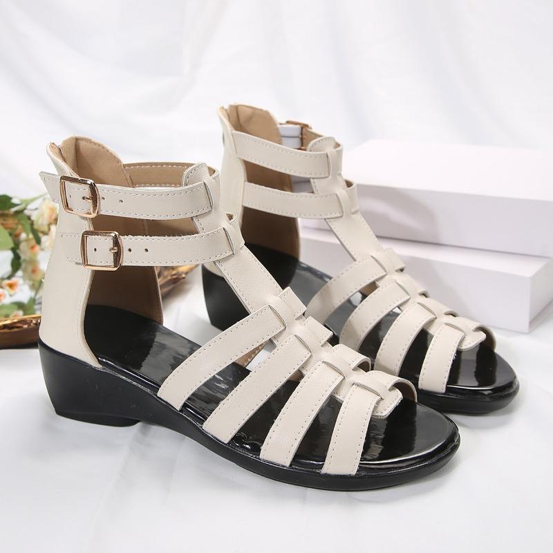Fashion 2024 Summer New Peep Toe Women Sandals Back Zip Casual Roman Sandales Solid Belt Buckle Wedges Female Shoes Large Size 36-43