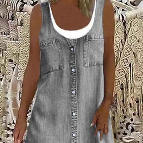 Женское платье без рукавов из двух частей, летнее повседневное платье с круглым вырезом, джинсовый принт, свободное мини-платье А-силуэта