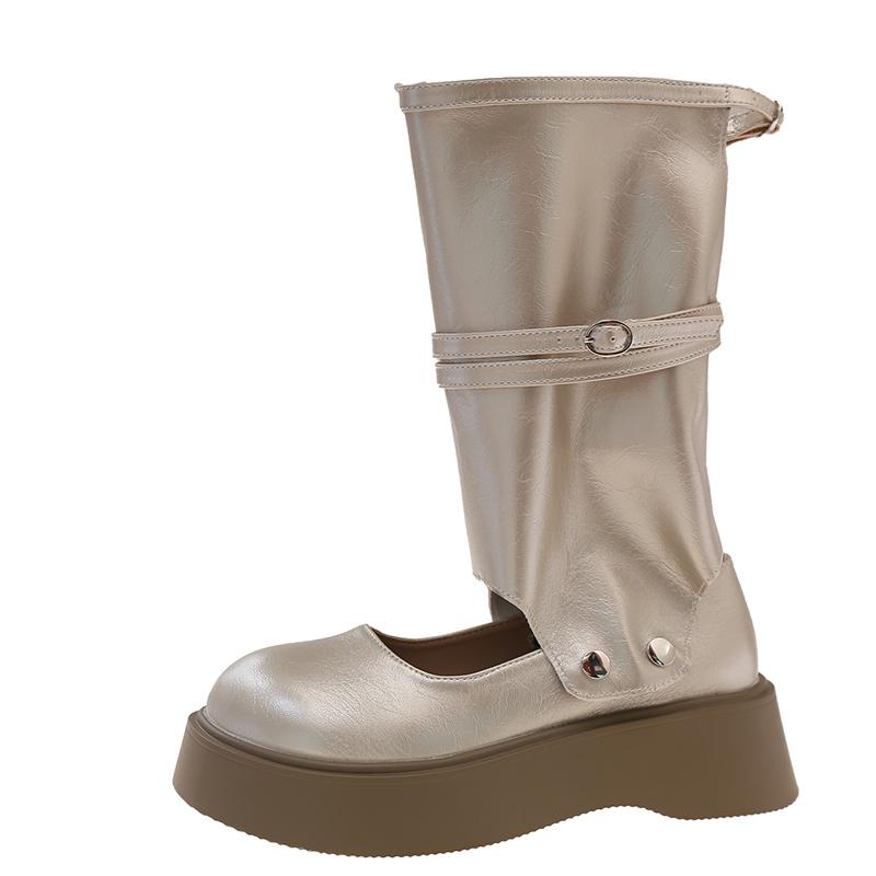 Модные туфли-одинарки на платформе, два способа носки, осенняя новинка, круглый носок, мелкая посадка, металлический ремешок, нескользящая износостойкая обувь на каблуке-рюмочке