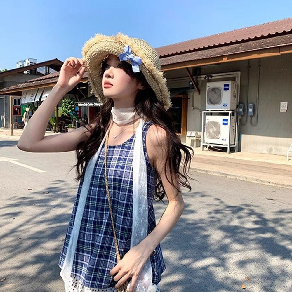 Sweet Woman's Straw Hat Elegant Lace Brim Sunshade Cap Vacation Big Bowknot Sun Hat  Girls