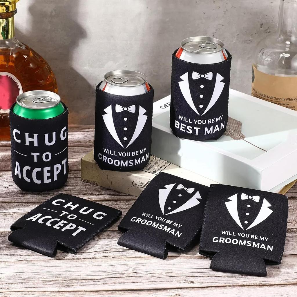 6 Pack Groomsmen Best Man Proposal Can Coolers Bachelor Gifts Groomsmen Gifts Funny Novelty Neoprene Hugger Can Sleeve Favors for Bachelor Party for