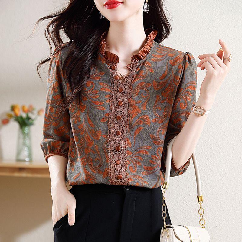 Рубашка с принтом женская летняя большого размера женская кружевная рубашка со средним рукавом свободный шифоновый топ