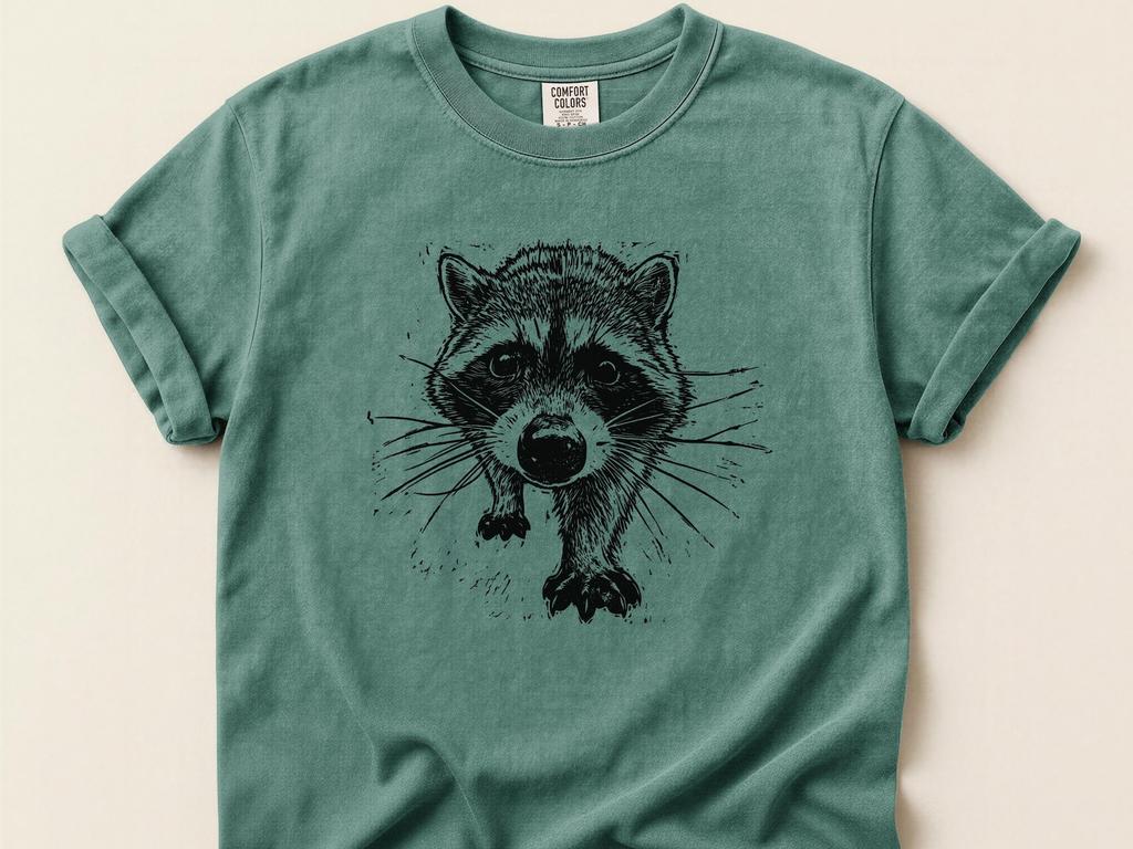 Raccoon Minimalist T-Shirt: Linocut Engraved Ink Style Tee – Funny Trash Panda Art Shirt – Raccoon Lover Gift