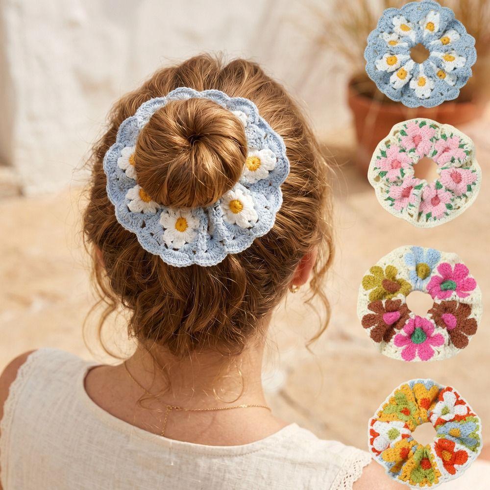 Bohemian Style Knitted Hair Rope Flores Ponytail Hair Band Crocheted Flower Scrunchies Women