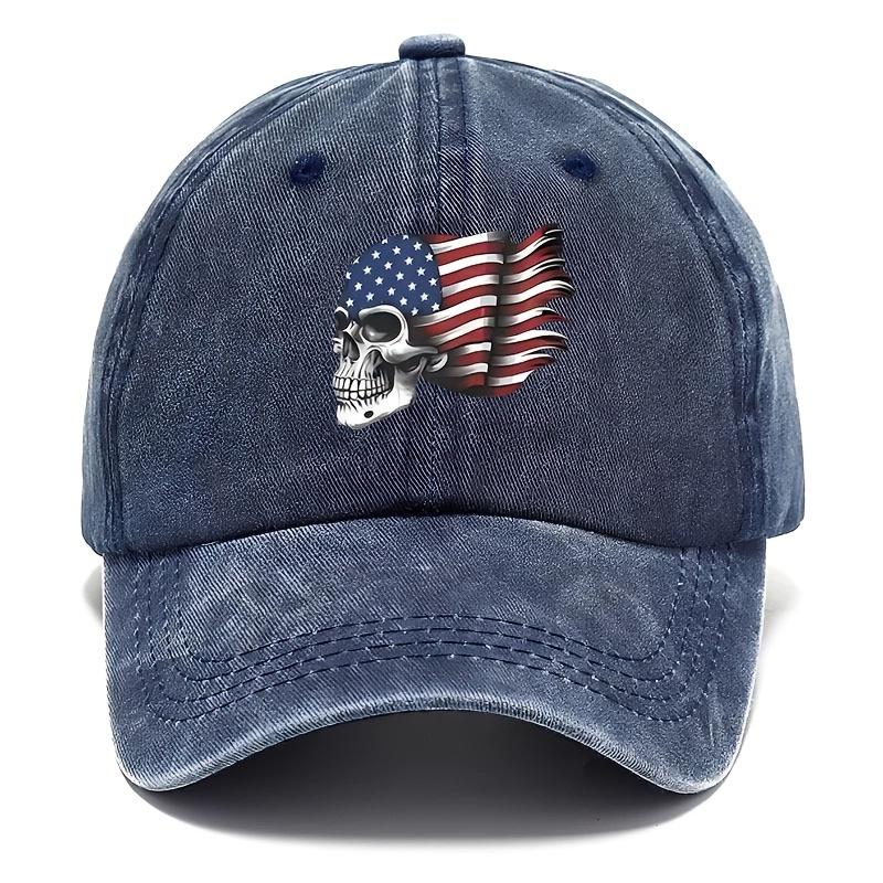 VintageStyle Washed Baseball Cap with American Flag Skull Print Adjustable Distressed Dad Hat for Men