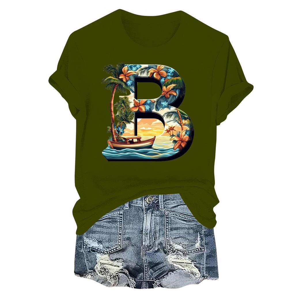 Women's Fashion Printed Casual Pleated Round Short Sleeve T-Shirt Top