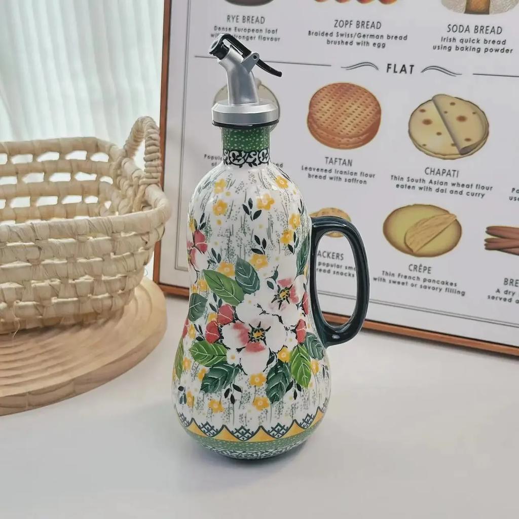 Flowers Plants Ceramic Olive Oil Bottle Soy Sauce Vinegar Multifunctional Kitchen Seasoning Drainage Bottle Kitchen Accessories