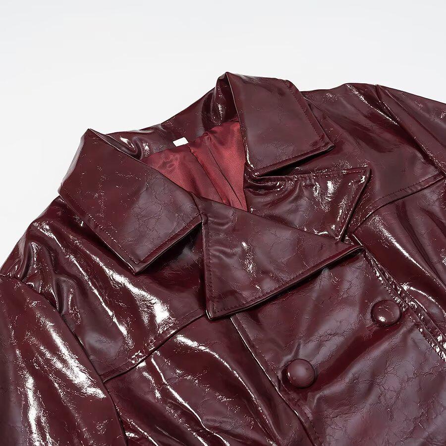 Women's Street Style Leather Suit: Double-breasted Waist-cinching Jacket & A-line Skirt Set