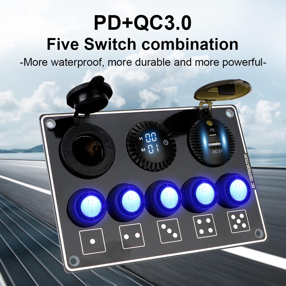 Панель переключателей 24В 12В для лодки, грузовика, дома на колесах, тумблеры-качалки, автомобильные фары, 5/7 кнопок, адаптер прикуривателя, USB-зарядные устройства QC 3.0, PD-разъем