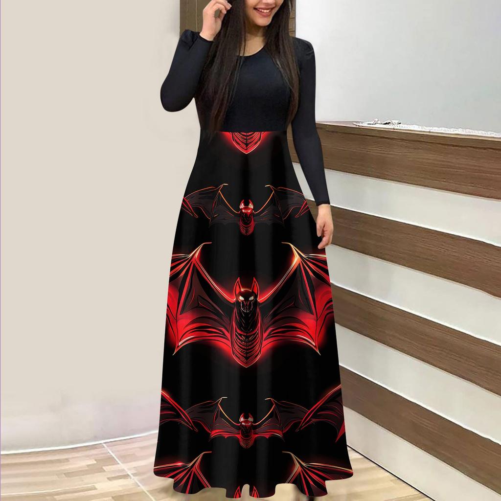 Женское модное повседневное платье макси с круглым вырезом и длинными рукавами