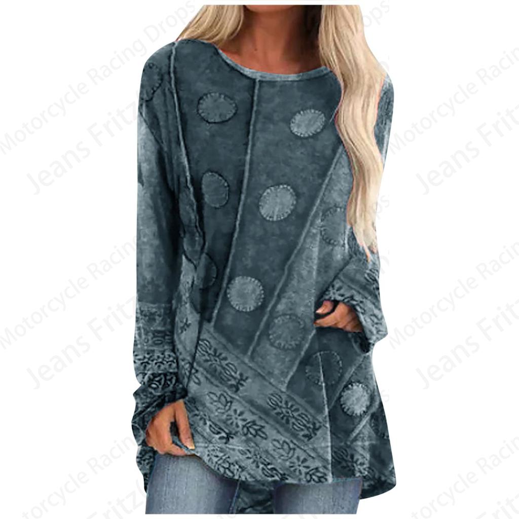 Винтажный лоскутный 3D-принт футболки с длинным рукавом Женская мода свободные оверсайз топы футболки длинные топы женские туники осень