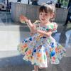 Children's Dress Summer Girls' Dress Cute Graffiti Kids Dress Square Collar Puff Sleeves Backless Dress