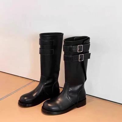 Металлическая пряжка ремня Низкий каблук Сапоги до середины голени Модные Круглый носок Мягкая кожа Осенние Новые Высокие Рыцарские сапоги для женщин