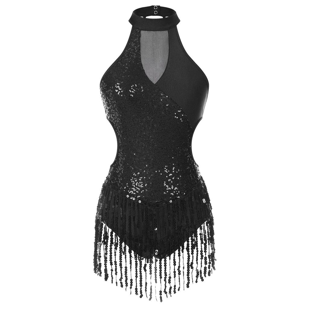 Womens Latin Dance Costume Sparkling Sequin Color Block Patchwork Bodysuit Sleeveless Fringed Leotard