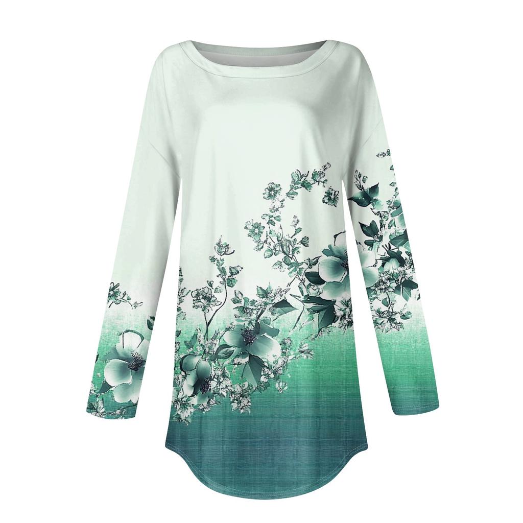 Женская свободная футболка с длинным рукавом с круглым вырезом и принтом, верхний пуловер