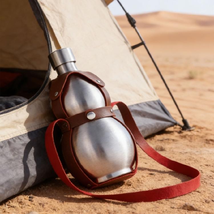 Silver 500ml Stainless Steel Travel Gourd Shape Water Bottle With Practical Carry Leather Strap Whiskeys Liquor Flask