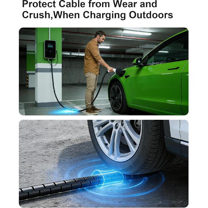 EV Charger Cable Protector 26FT, 7/8 inch Car Charging Cable Flexible Wire Covers Cord Protectors- Durable and Anti-Wear, Prevents Pet Chewing, Door