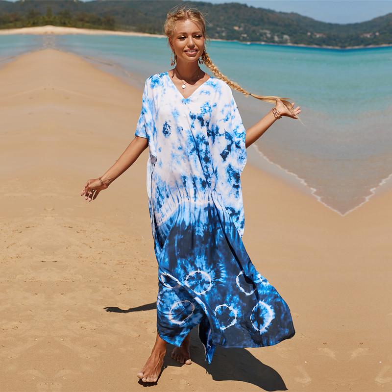 2022 Разноцветный кафтан с богемным принтом и v-образным вырезом, рукавами «летучая мышь», уличная одежда, платье макси, женская пляжная одежда, купальный костюм, накидка Q1342