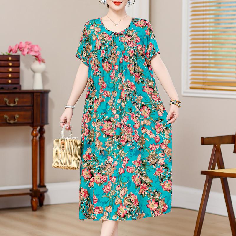 Plus Size Elegant Loose Dresses for Women Oversize Short Sleeve Vintage Print Long Dress Casual Middle-aged Women's Clothing