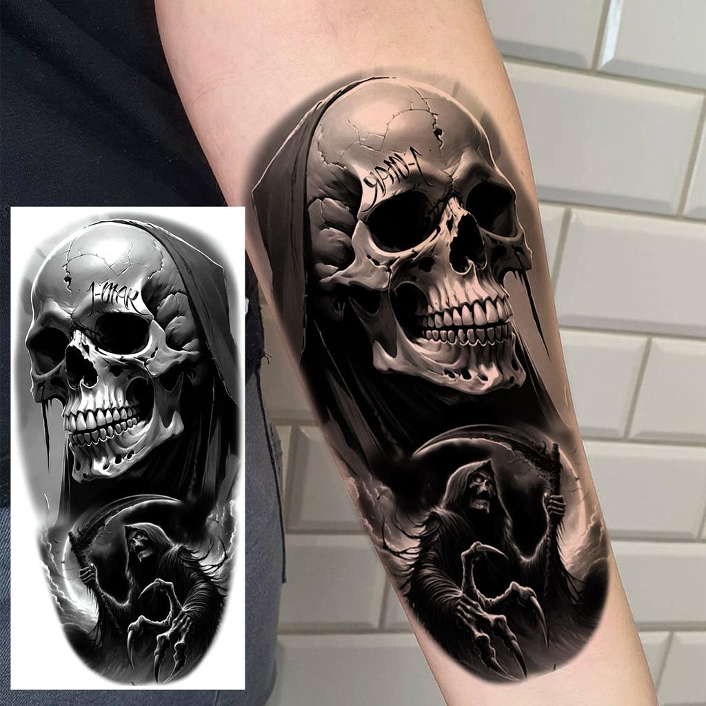 1 Sheet Scary Grim Reaper Skull Temporary Tattoos Halloween Tatoos Long Lasting Waterproof Tiger Wolf Beast Fake Tattoo Stickers