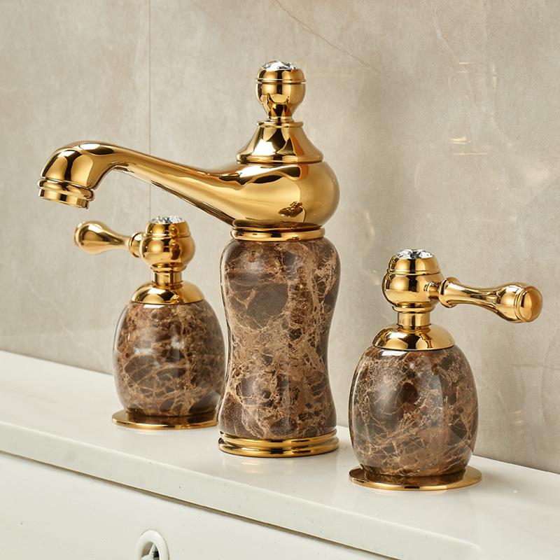 Смеситель для раковины из золотой латуни и нефрита, смеситель для раковины с тремя отверстиями, широко расставленный смеситель для раковины, двухрычажный кран для горячей и холодной воды, новое поступление