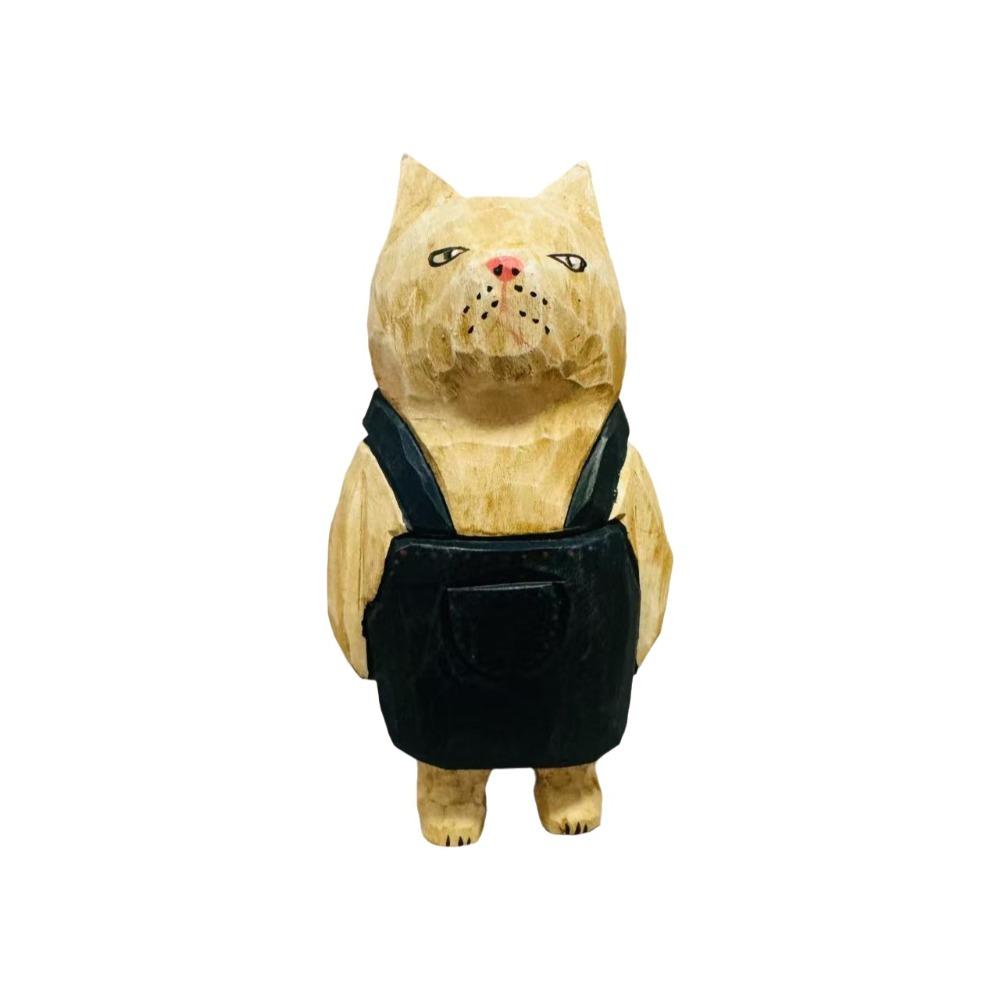 Handmade Wood Carving Cat Ornament Cartoon Cat Figurines Painted Cat Sculpture  Home Decoration