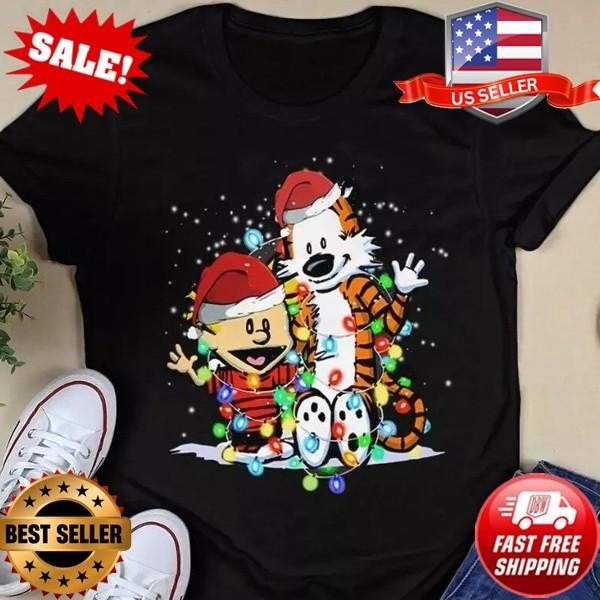 Calvin and Hobbes With Lights Christmas Ornament Graphic T-Shirt