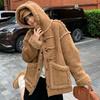 Vintage Lamb Wool Coat Women Winter Warm Loose Thickened Faux Fur Jacket with Horn Buttons