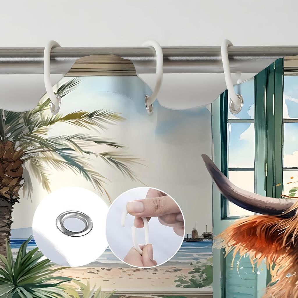 Highland Cow Summer Shower Curtain 60Wx72L Inch Funny Cute Cattle Ocean View Landscape Bathtub Calf Tropical Hawaii Scene Palm L