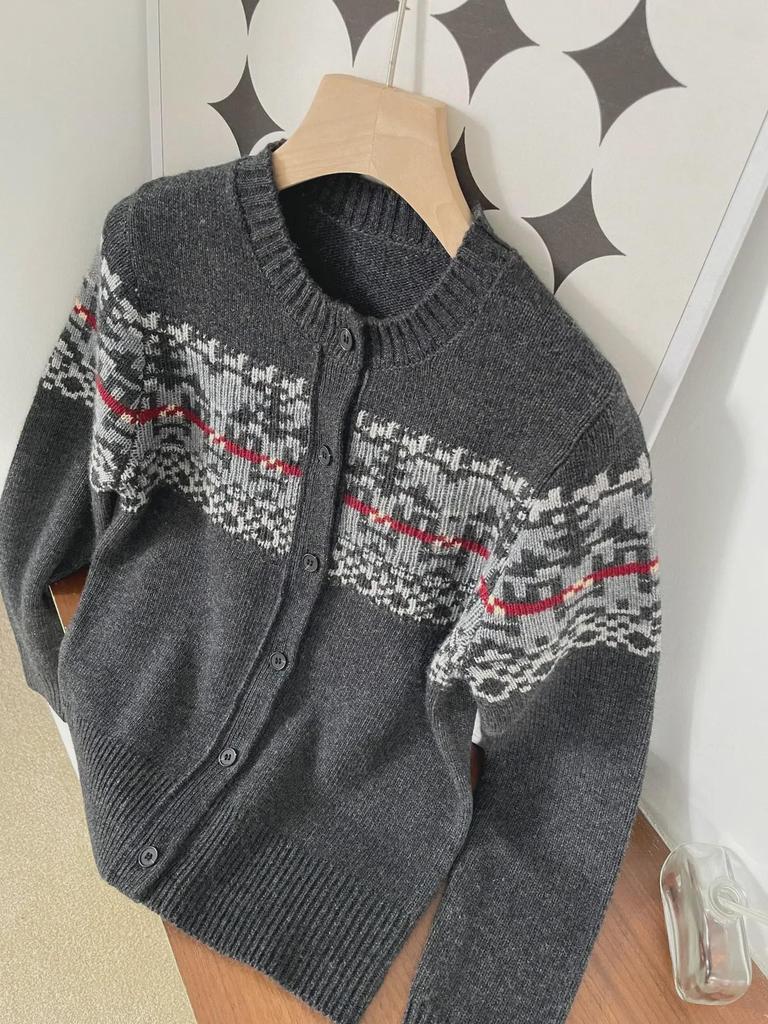 Женский кардиган 2024 года из серого кашемира и жаккарда в стиле ретро