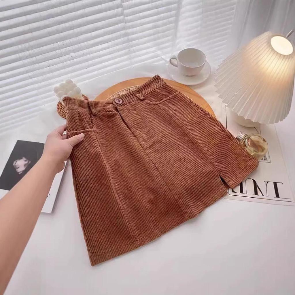 2024 Autumn Retro High Waist Corduroy Midi Skirt - Slimming A-line with Slit, Perfect for Commuting and Flaunting Long Legs
