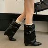 Fashion Punk Belt Buckle Pointed Toe Mid Calf Boots Women Fashion Thick Heel Wide Leg Pants Boots Woman Autumn Winter Pu Leather Botas
