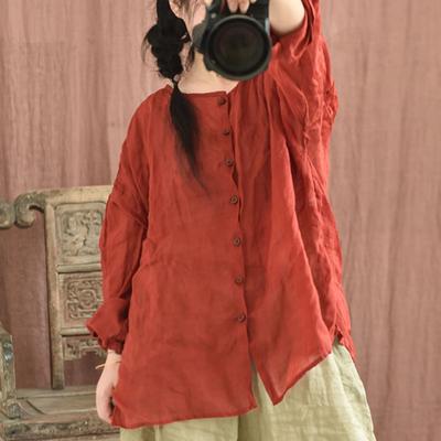 Женские винтажные рубашки рами, топы с круглым вырезом и длинным рукавом, весенние однотонные женские рубашки на пуговицах, блузки