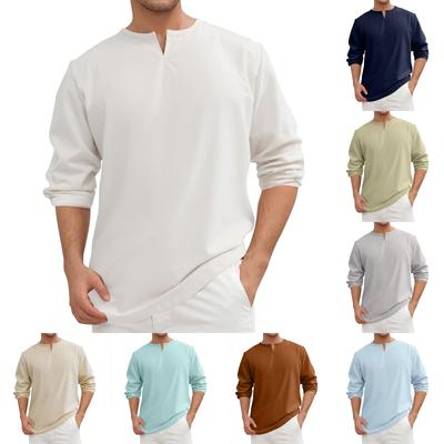 Мужские летние однотонные хлопковые и льняные свободные топы с длинным рукавом и V-образным вырезом, мужские повседневные модные топы с длинным рукавом