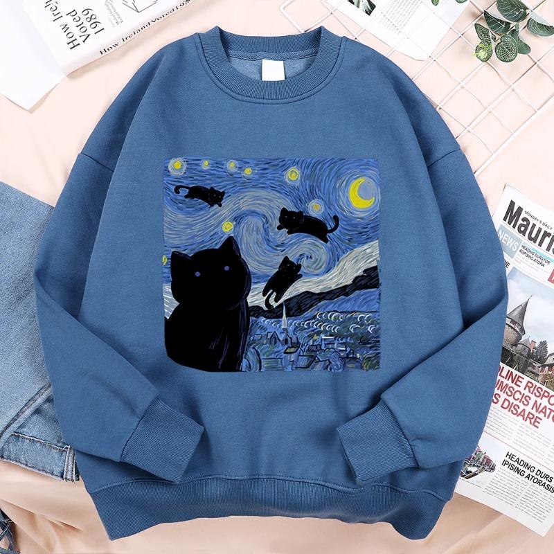 Oil Painting The Starry Cat Night Clothing Men Women Fashion Casual Hoodies Fleece Pullover Sportswear O-Neck Clothes Pullovers & Long Sleeves Women’s