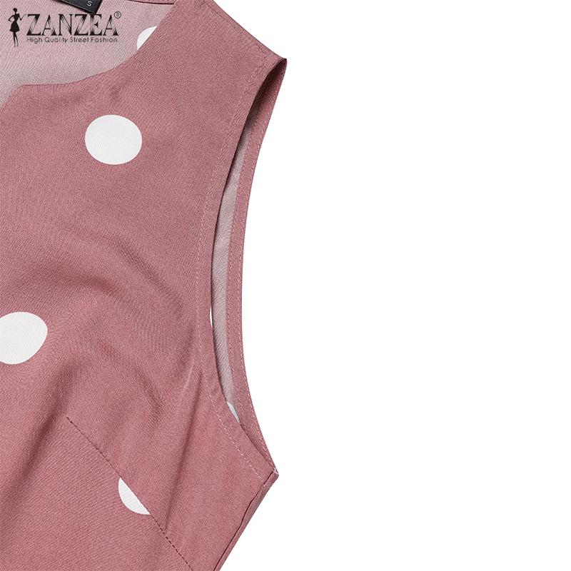 ZANZEA Женское повседневное платье-трапеция в горошек с V-образным вырезом и разрезом без рукавов для отпуска