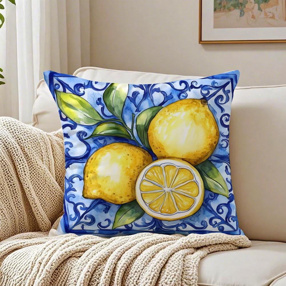 Fresh Elegant Art Blue Watercolor Lemon Cushion Cover Linen Pillowcase Soft  for Sofa Bed Home Room Decor