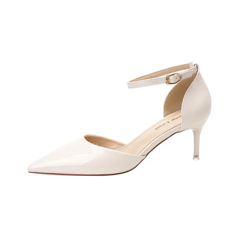 Новые модные туфли на высоком каблуке для женщин из лакированной кожи с острым носком и ремнем на щиколотке, женские туфли-лодочки, весенние туфли-лодочки телесного и черного цвета Talon Femme