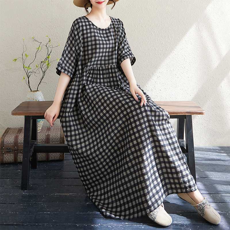 Тонкий хлопок и лен Круглый вырез Короткий рукав Клетчатая Длинная юбка для женщин