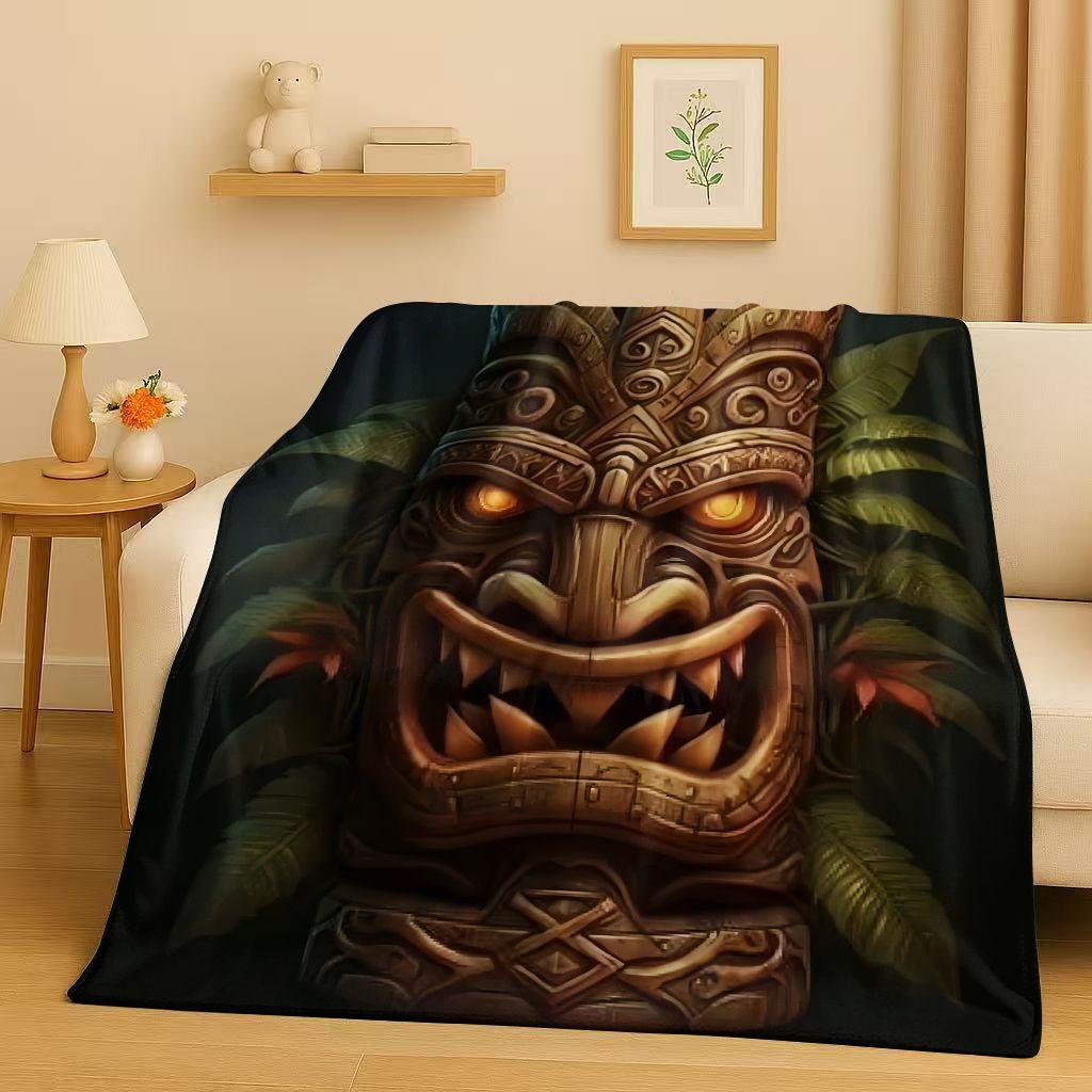 Retro Aztec Totem Maya Mask Sun God Flannel Blanket,Ultra Soft Warm Plush Throw for Home Bedroom Bed Sofa Cover Office Gift Kids