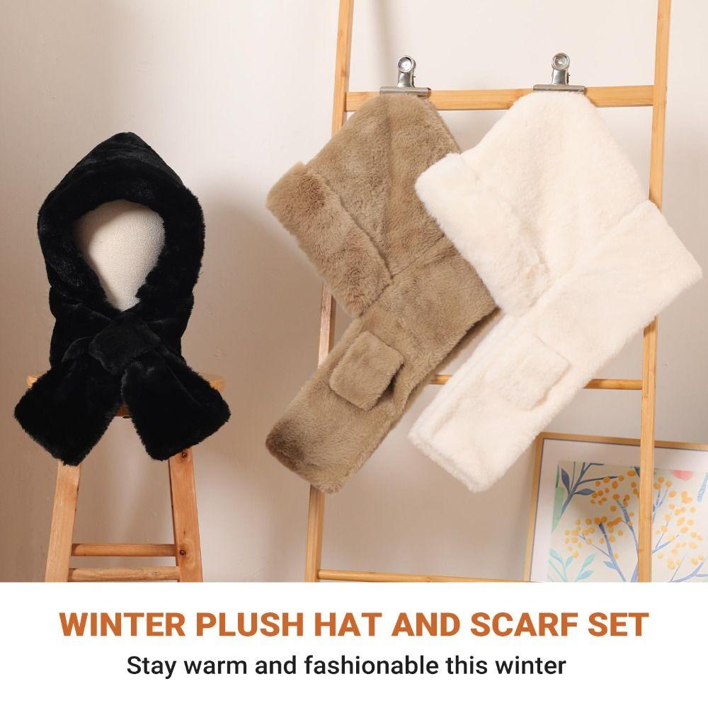 Fuzzy Hooded Scarf Soft Hat Scarf Gloves Set Cute Winter Hooded Scarf  Winter